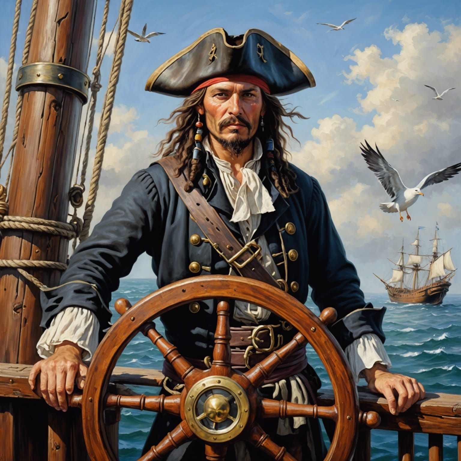 Pirate at Ship Helm: Realistic Oil Painting