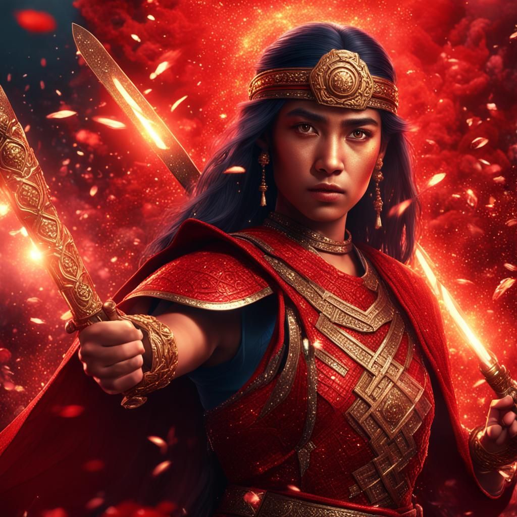 18 year old latino woman as a glittering sparkling red samarai  warrior