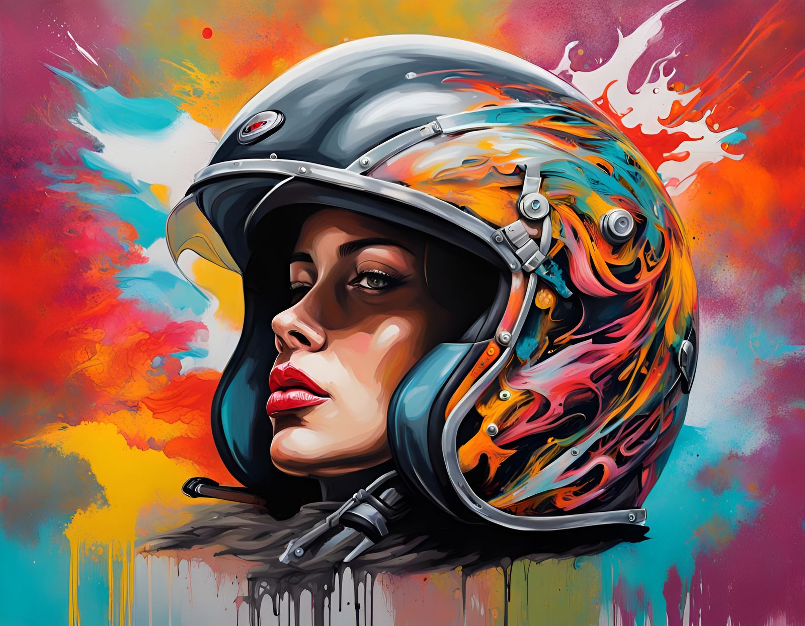 Woman in Motorcycle Helmet Graffiti Street Art