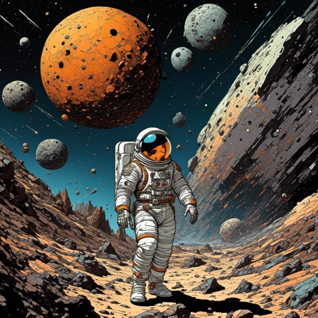 Spaceman navigating an asteroid field <lora:Nostalgic IosC64:1.0>
