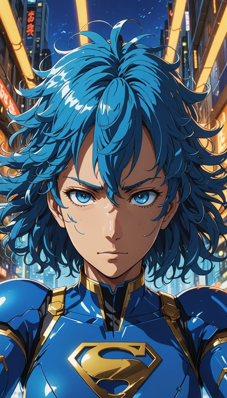 Anime Key Visual of Rem Lezar in Vibrant Blue Superhero Cost...