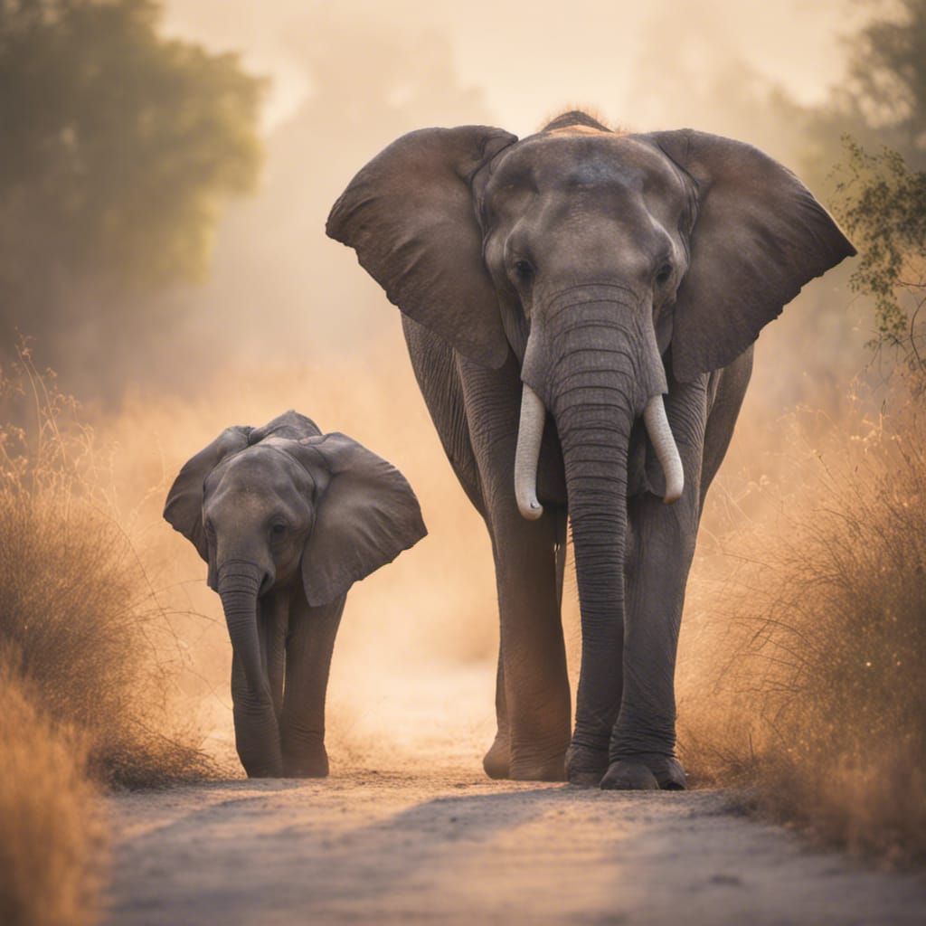 Elephant Mother and Baby in Savanna