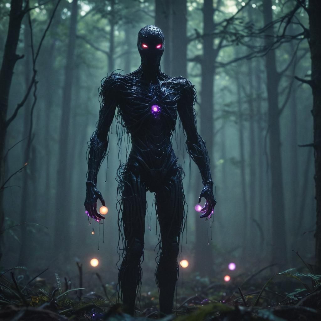 Dark Fantasy Enderman in Misty Forest, Cinematic Film Still