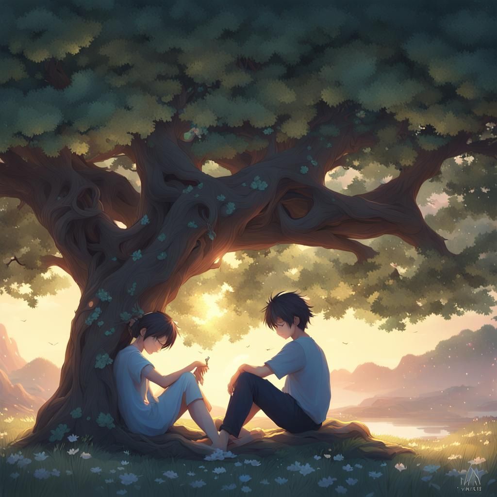Anime Lovers Under Tree in 3D Style