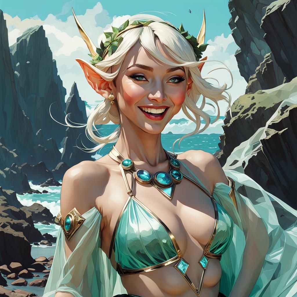 Laughing Elf in Enchanted Futuristic Double Exposure