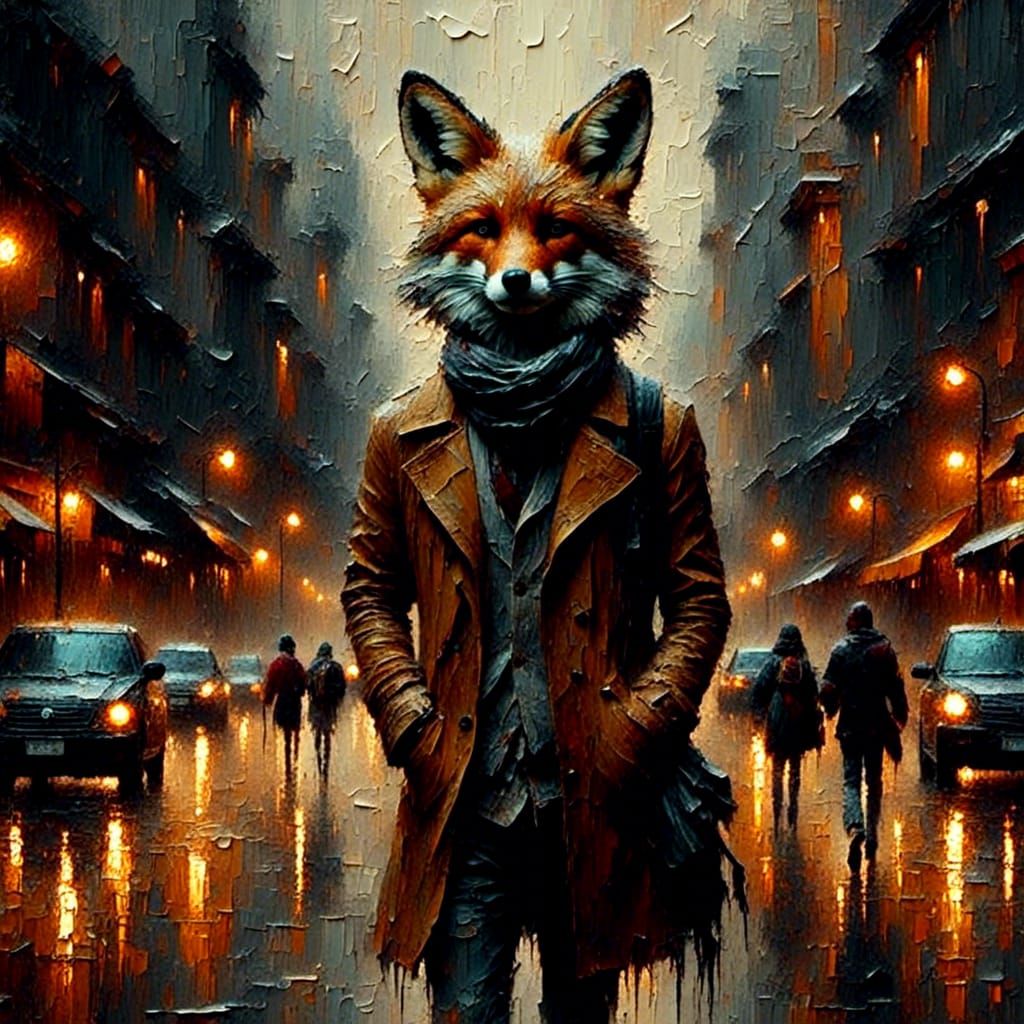 Fox in City Street, Photorealistic Texturized Style