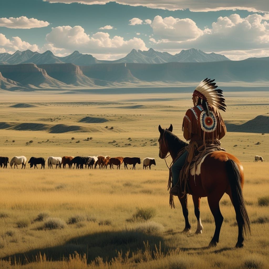 A Native American Chief Rides Through a Golden Western Lands...