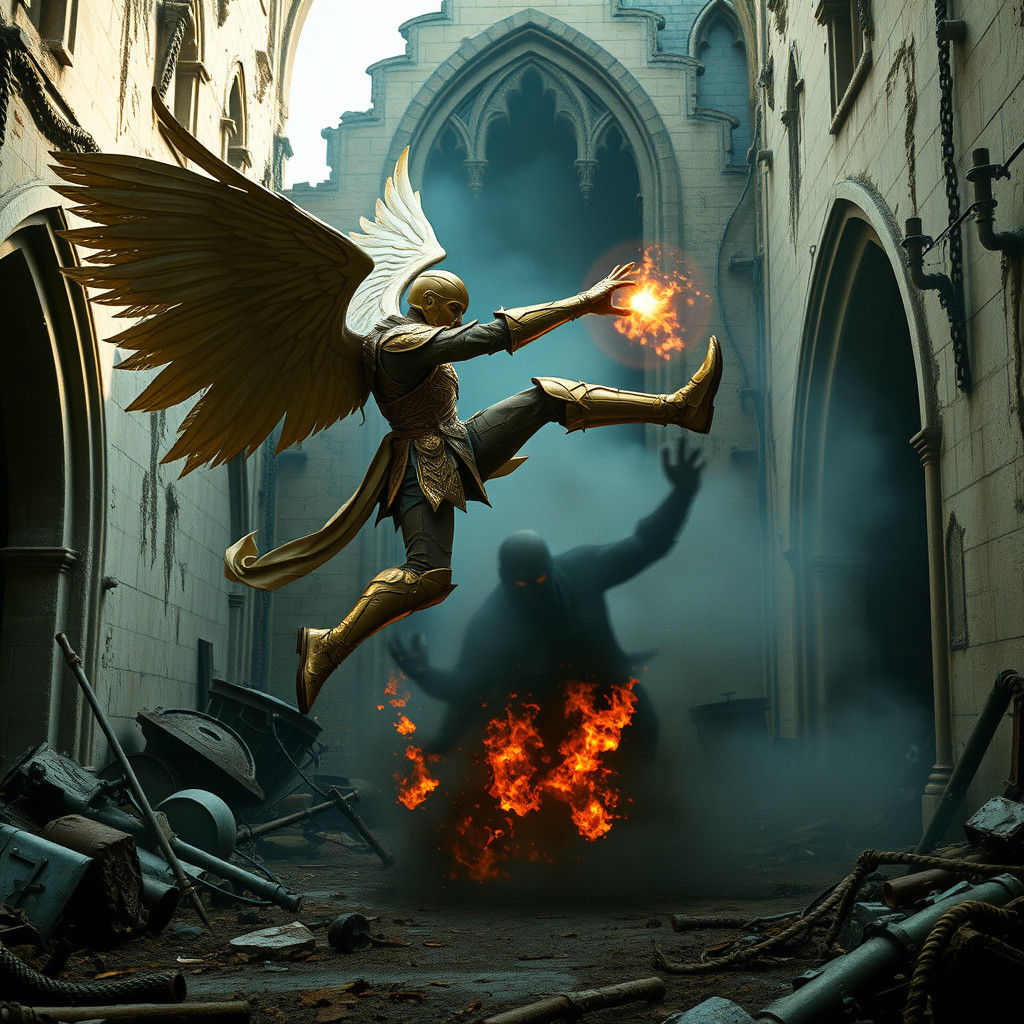 Angel Kung Fu Kick in Ruined Gothic Scene