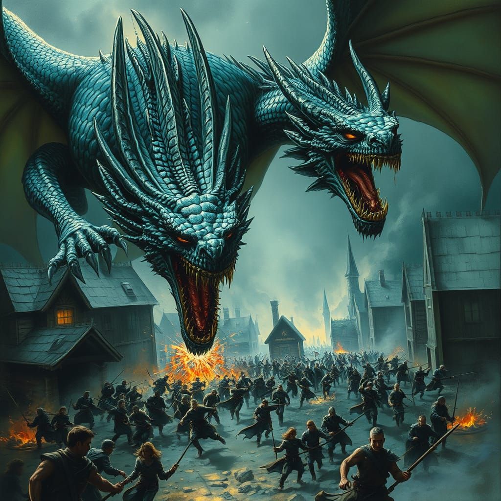 Majestic Blue and Green Dragon Devours Medieval Village