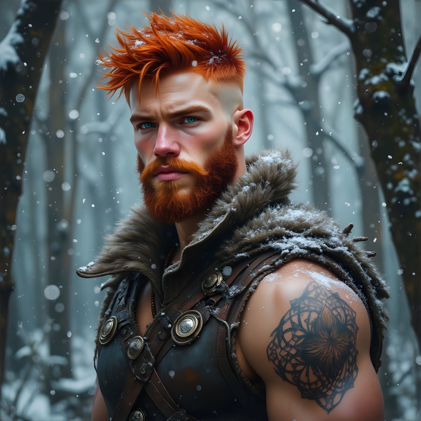 Viking Warrior in Snowy Forest as Oil Painting