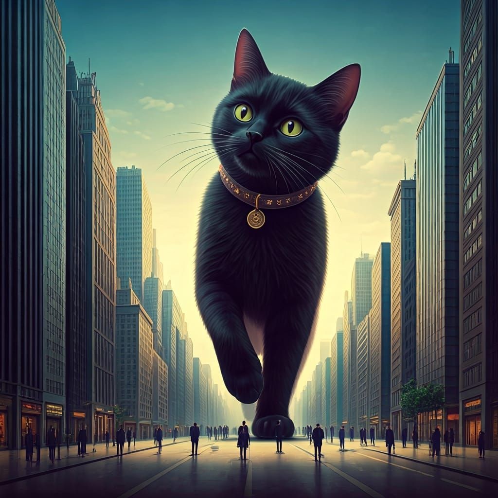 Giant Cat Walks Through Metropolis in Dreamlike Style