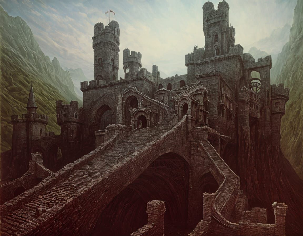 Surreal Castle with Drawbridges: Dreamlike Painting