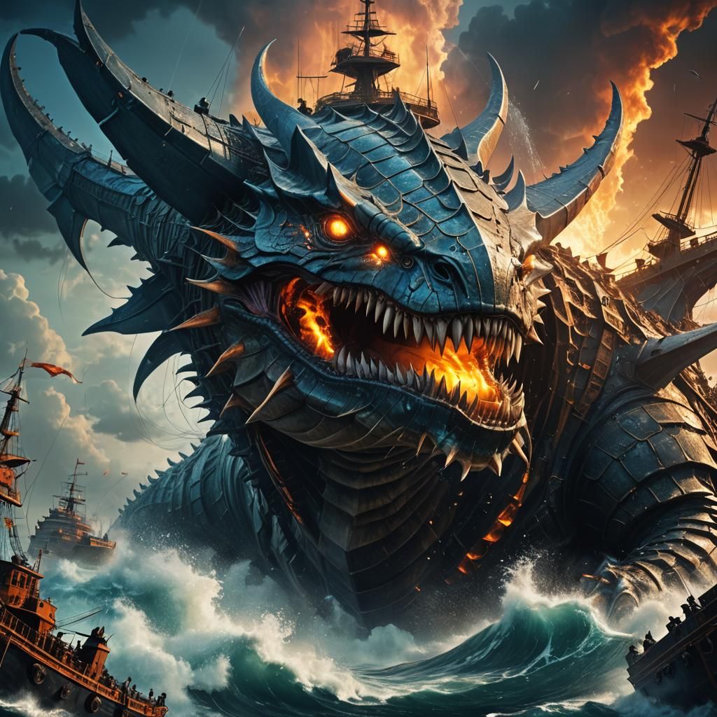 Armored Leviathan Attacks Ship: Digital Matte Painting