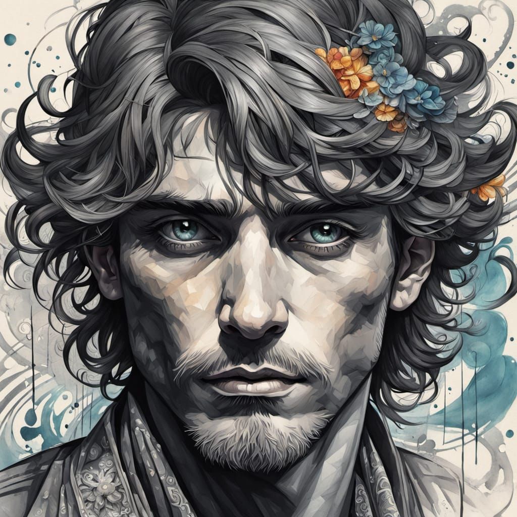 Detailed Portrait of a Man in Gouache Style