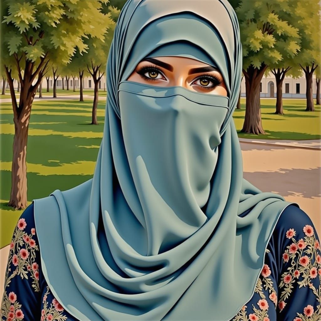Beautiful Niqabi Woman Portrait in Oil-Gouache Style