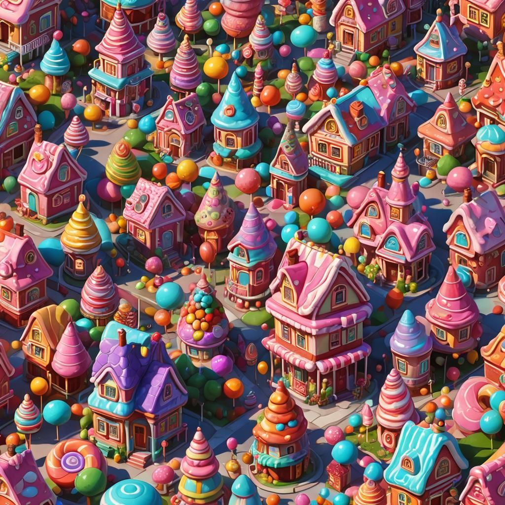 Candy Houses in Dreamscape: Whimsical Digital Illustration