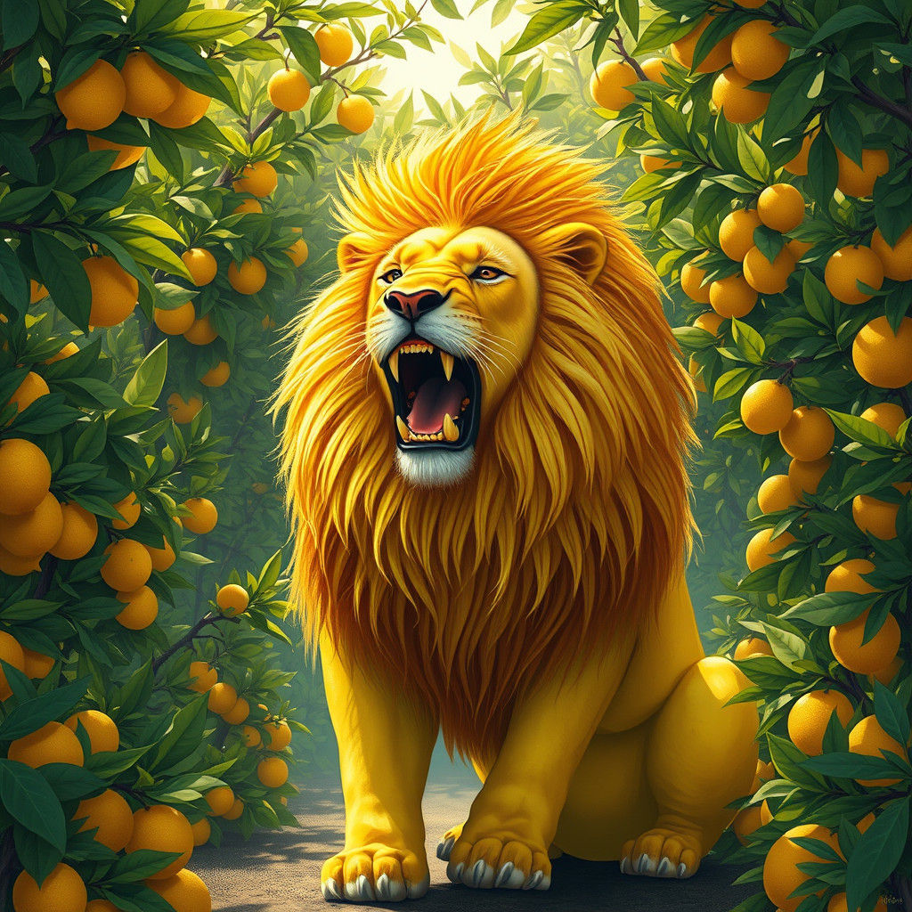 Lemon Mane Lion Roaring in Citrus Grove