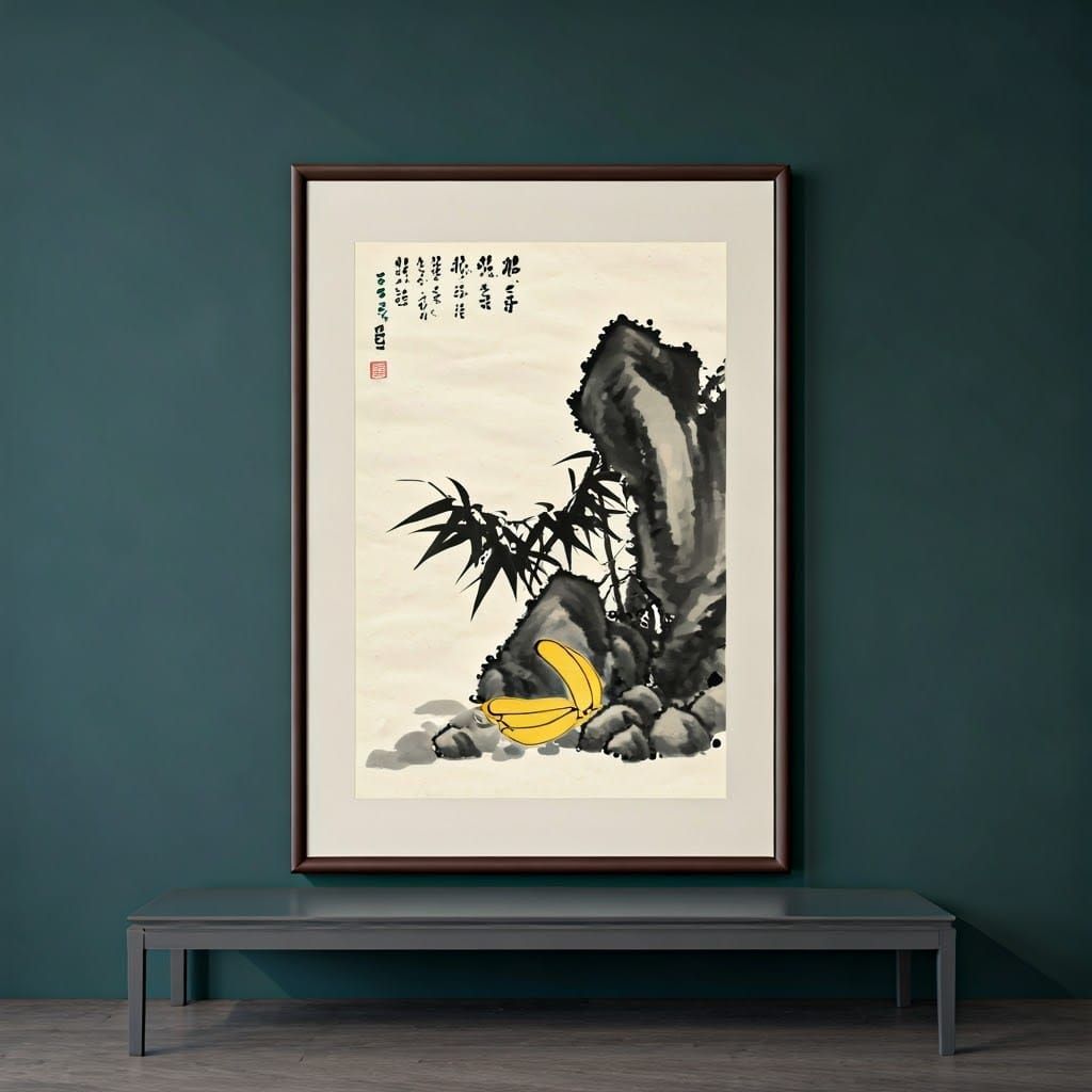 Chinese Ink Painting of Bamboo and Rocks in Museum