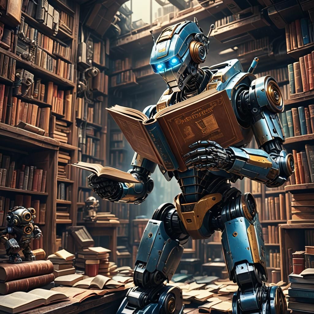 Robot Reads Book in Sci-Fi Matte Painting Style
