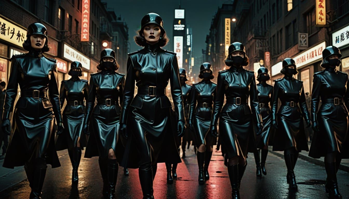 Surreal Cyberpunk Soldiers in Latex Uniforms March in a Dark...