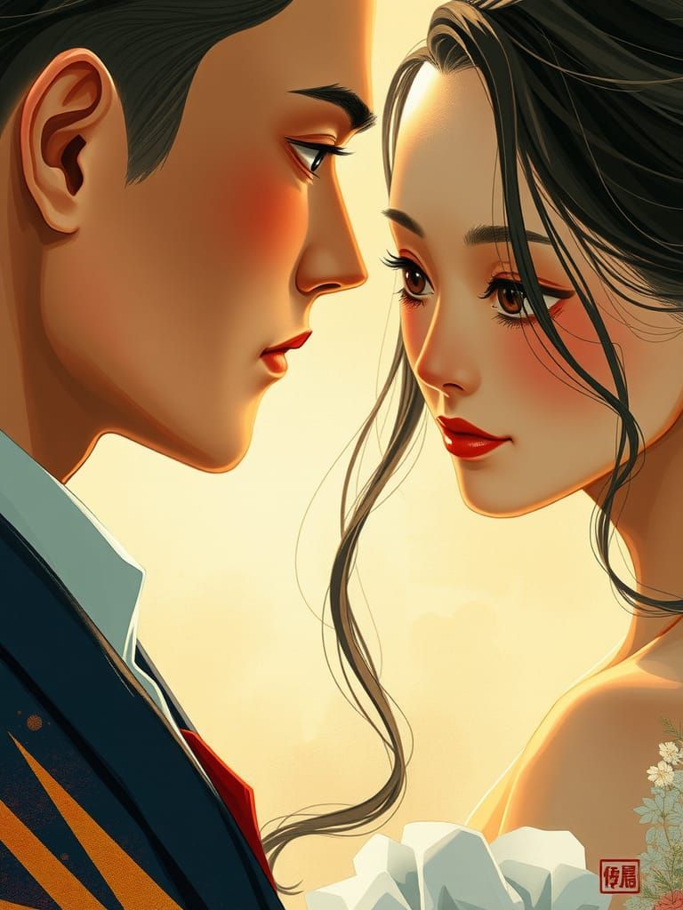 Intimate Portrait of Asian Couple in Watercolor Style