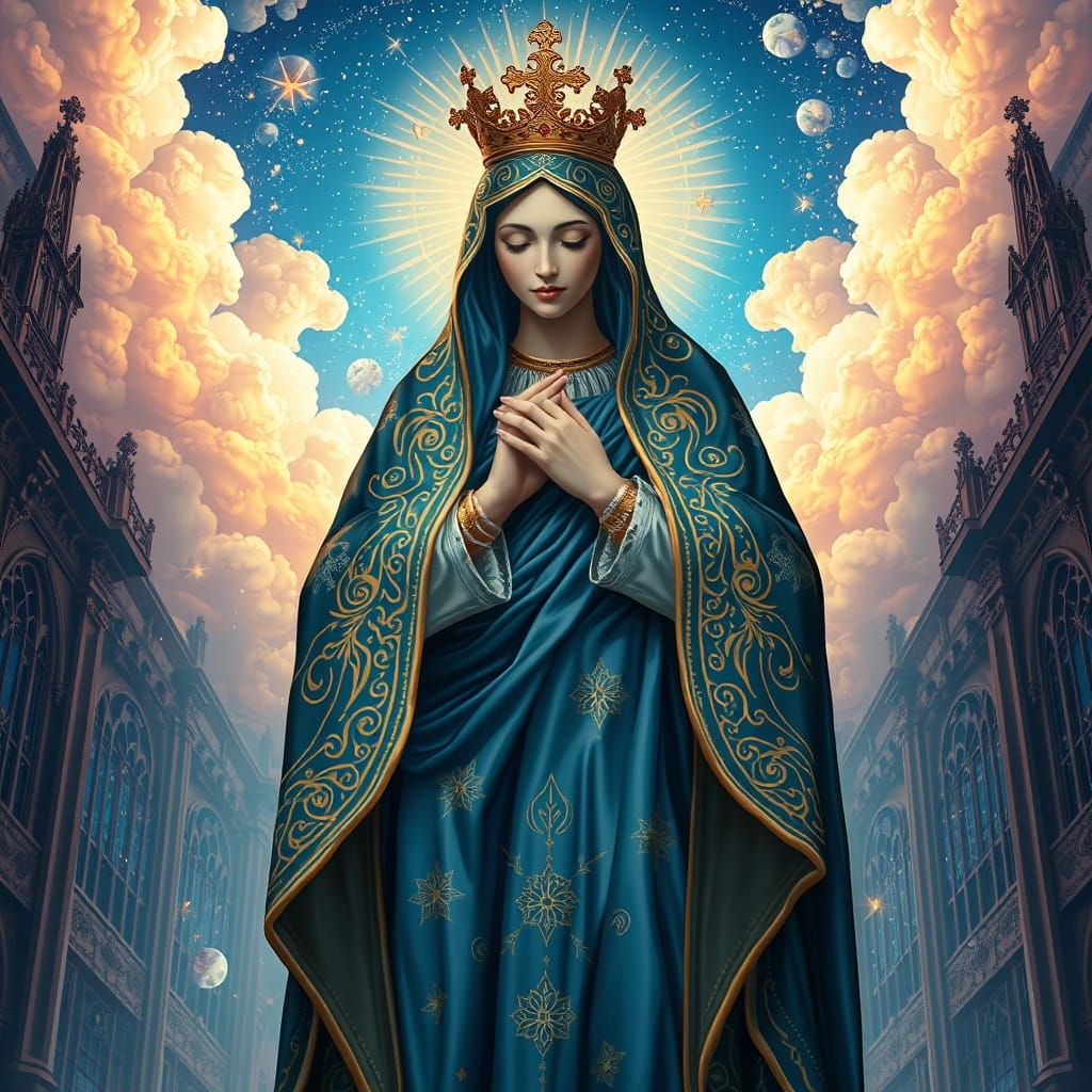Regal Virgin Mary in Celestial Blue and Gold