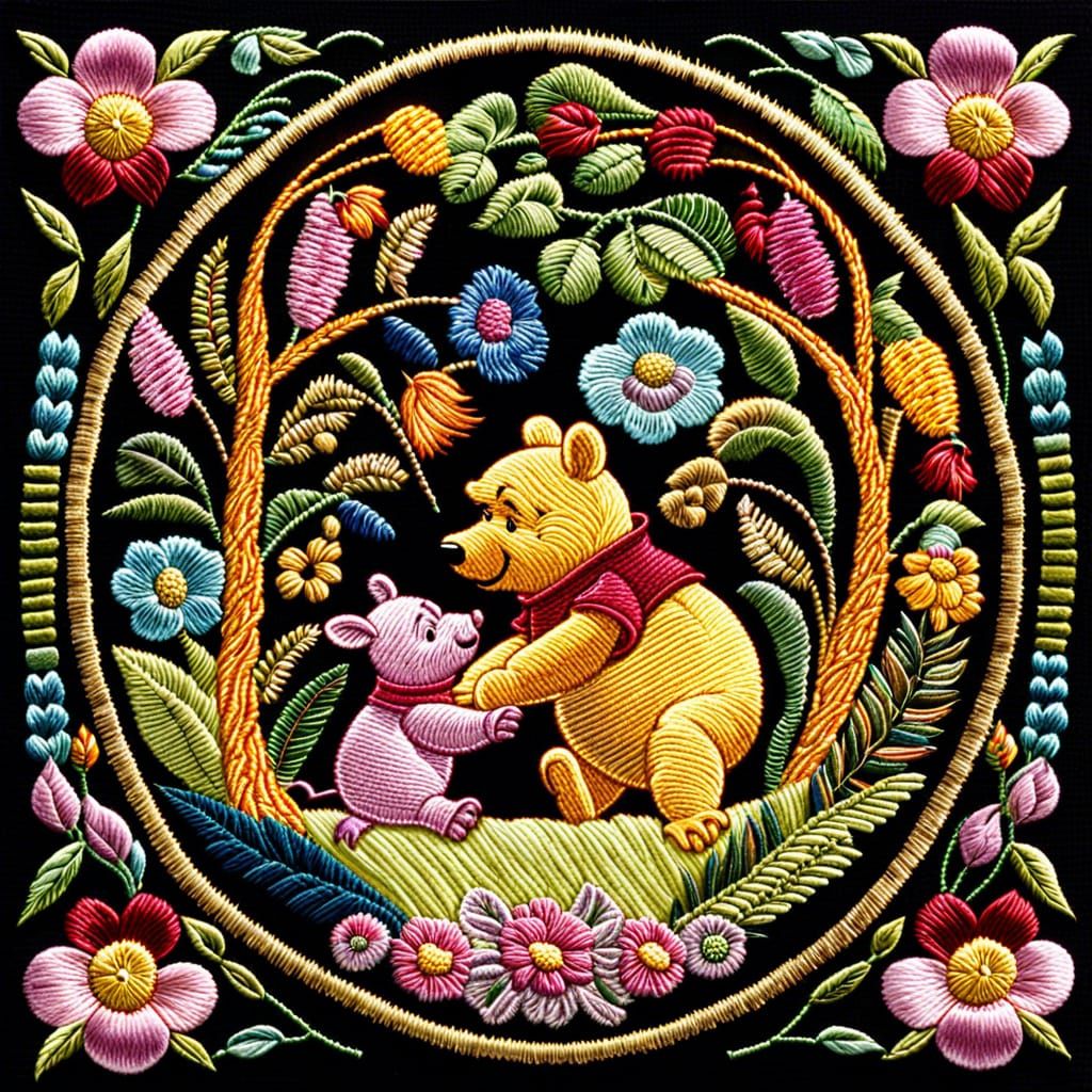 Detailed Embroidery of Winnie the Pooh and Piglet