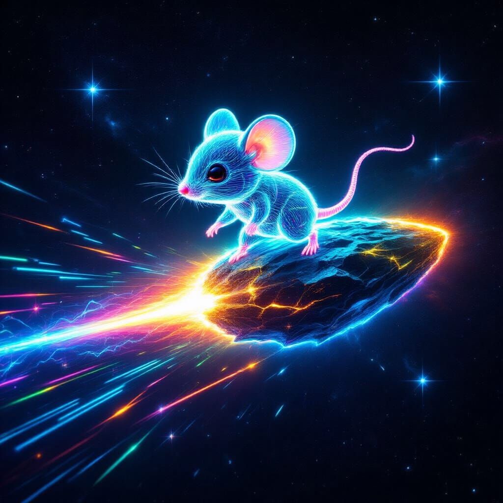 Psychedelic Laser Chibi Mouse on Meteor in Deep Space