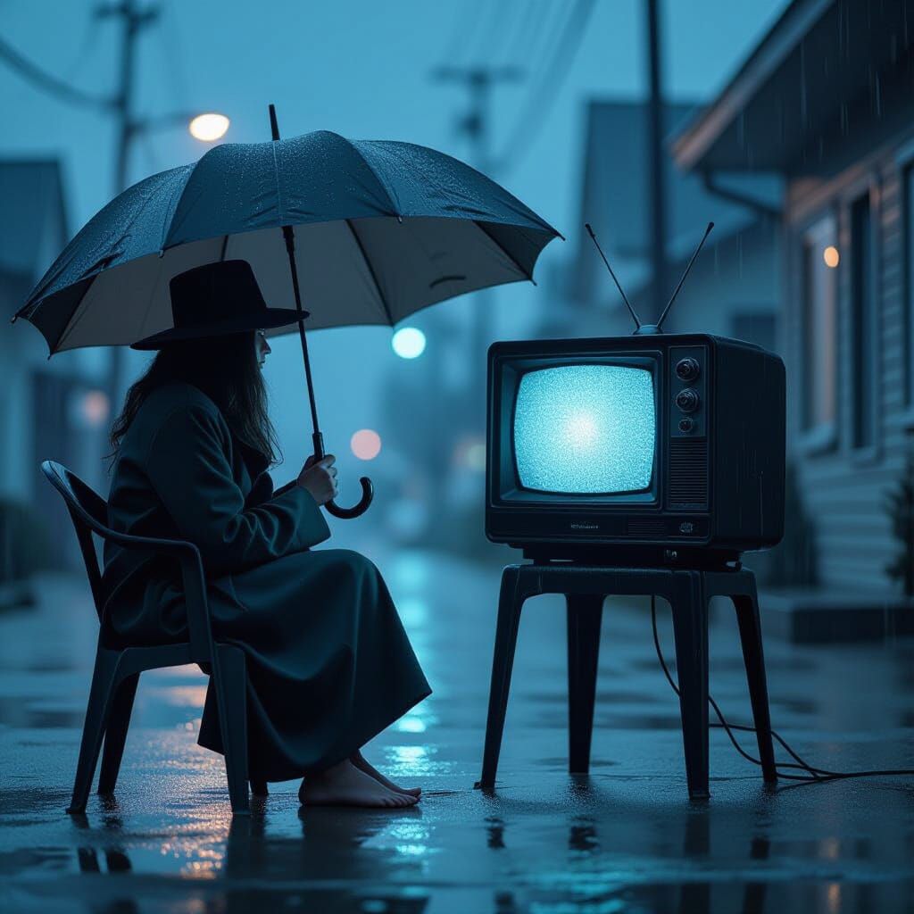 Melancholy Figure Watching TV in Moody Atmospheric Style