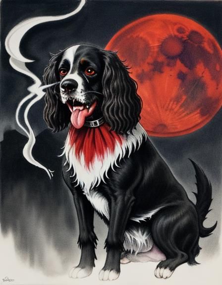 Watercolurs, sinister evil spaniel with sharp bloody fangs, ...