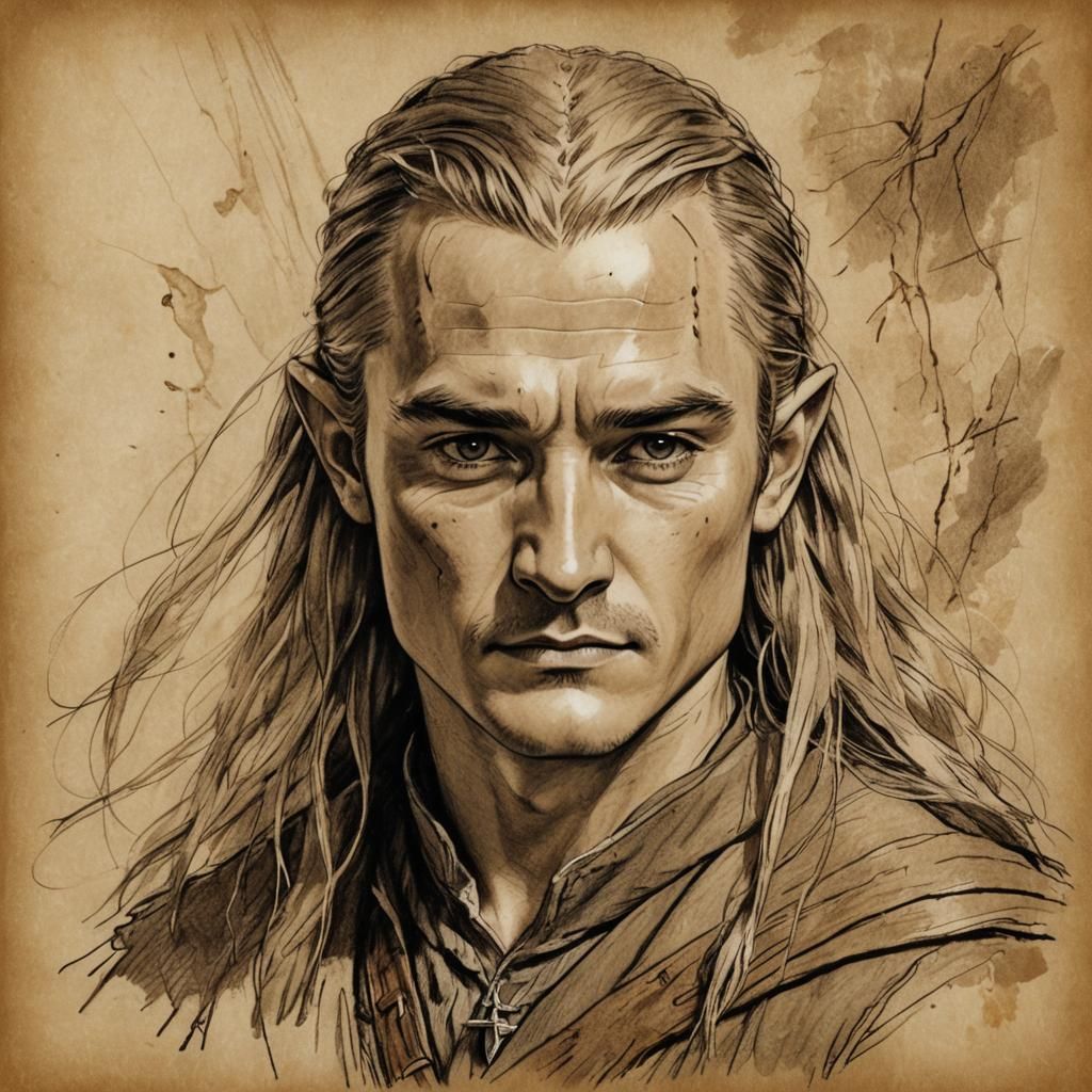 Legolas Portrait in Sepia Sketch Style