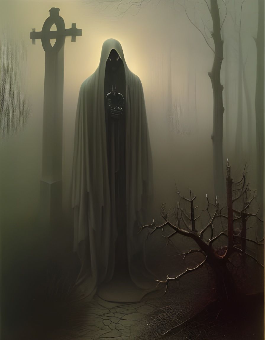 Hooded Skeleton in Graveyard, Gustave Dore Style