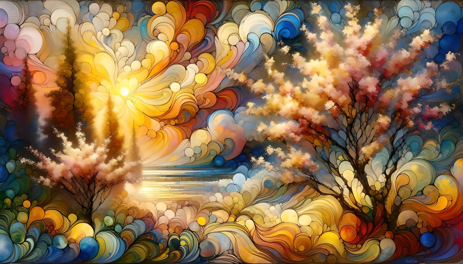 Encaustic Spring Landscape with Golden Ratio