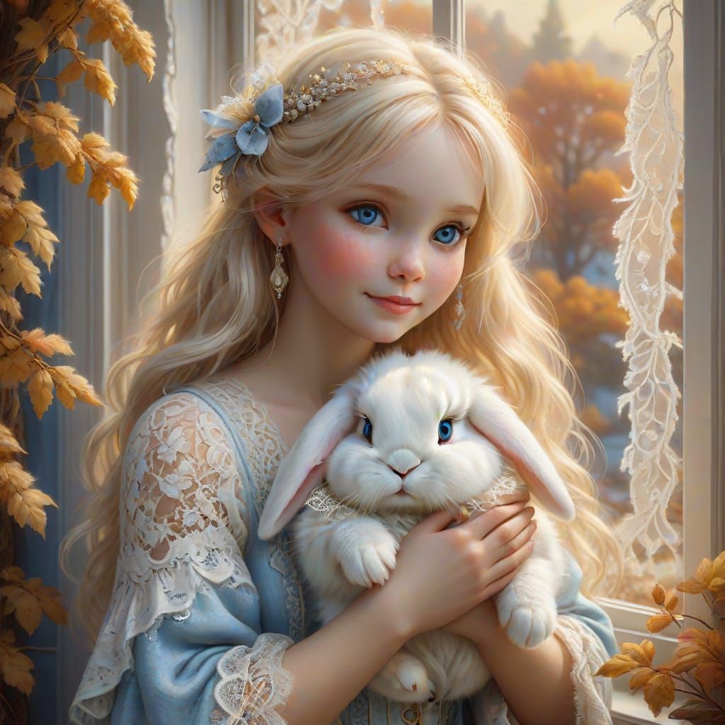 Girl Gazing at Autumn Landscape with Bunny