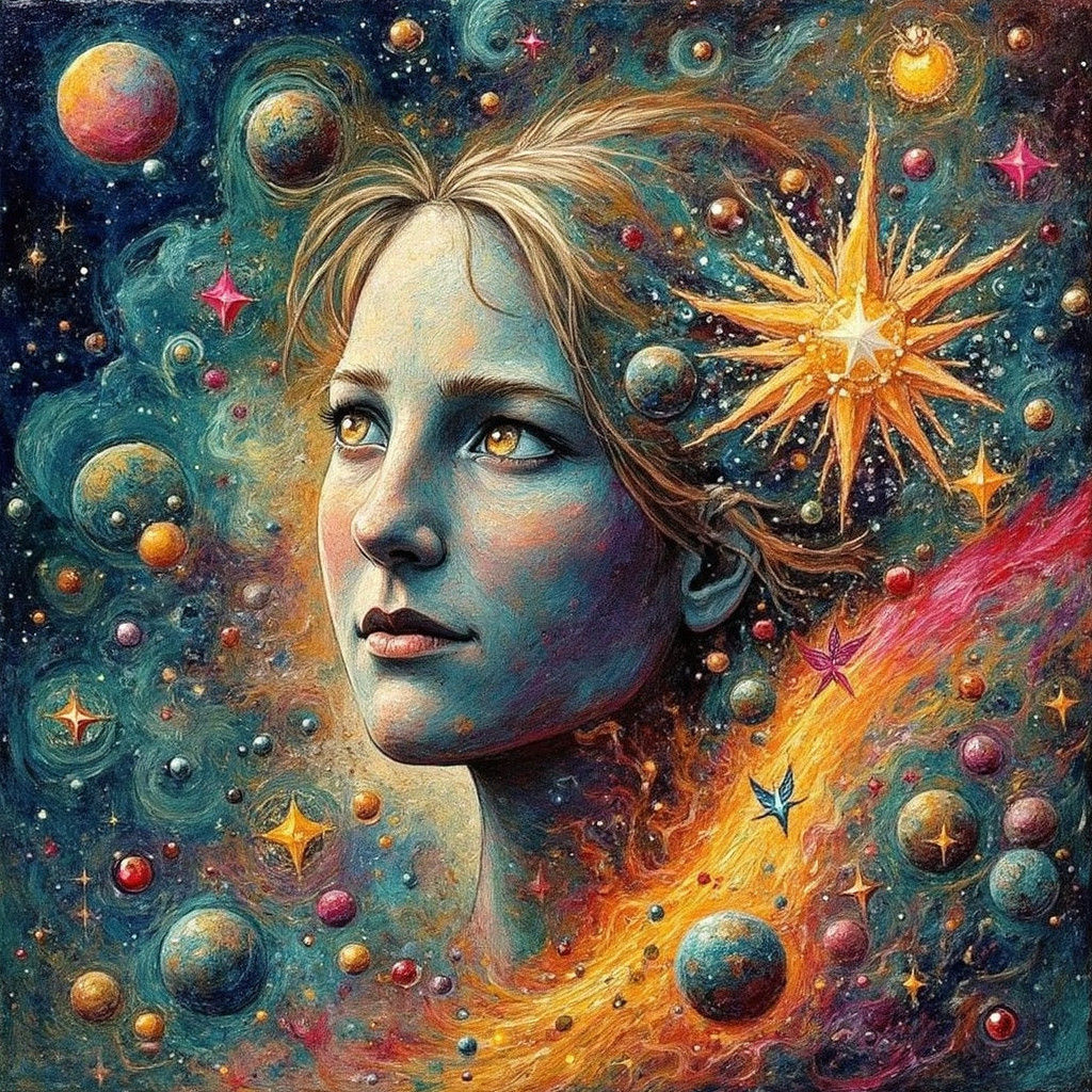 Woman Gazing at Star in Romantic Psychedelic Art