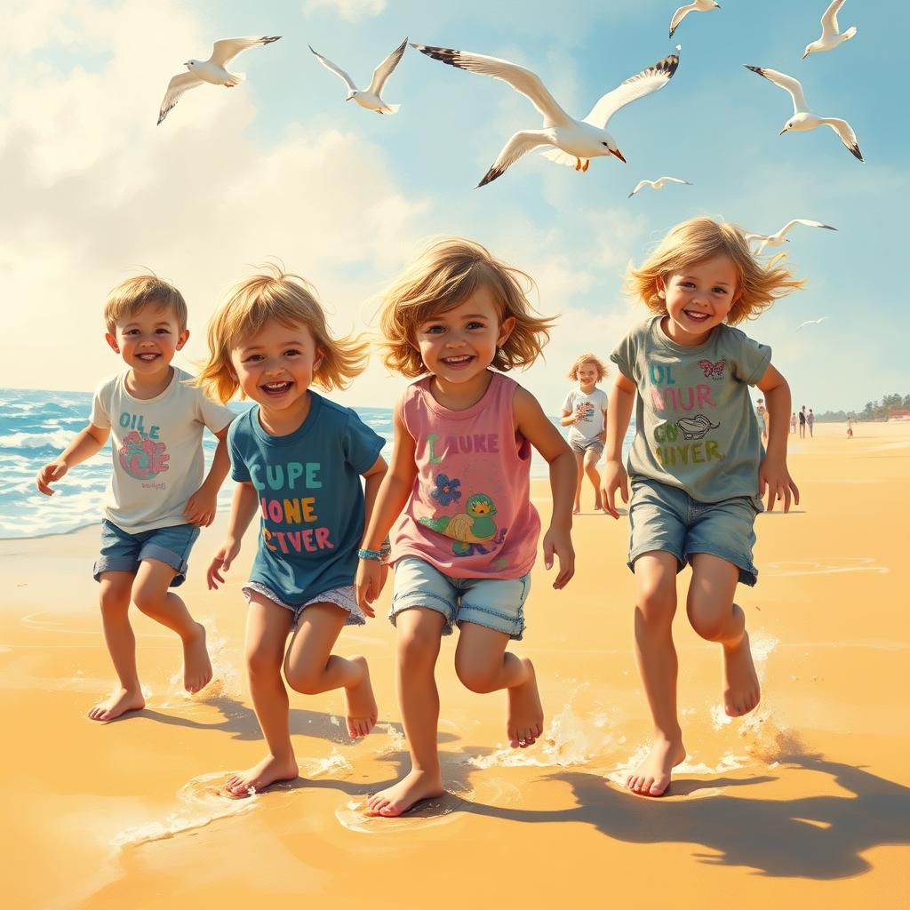 Children Playing on Beach in Impressionistic Style