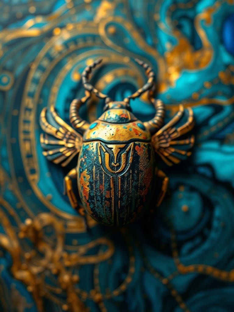 Egyptian Scarab Beetle with Abstract Iridescent Background