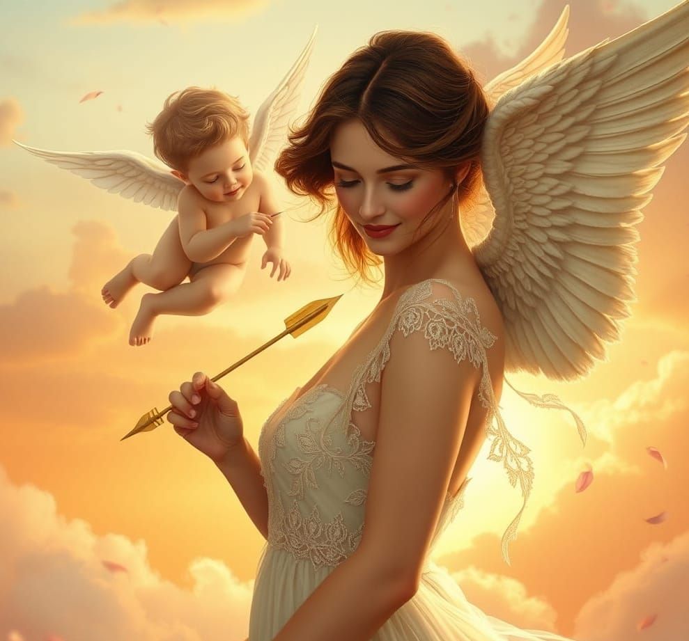 Ethereal Goddess Pierced by Cupid's Arrow in Golden Sunset