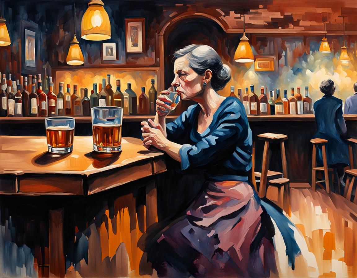 Melancholic Woman Drinks Whiskey: Gouache Watercolor Style