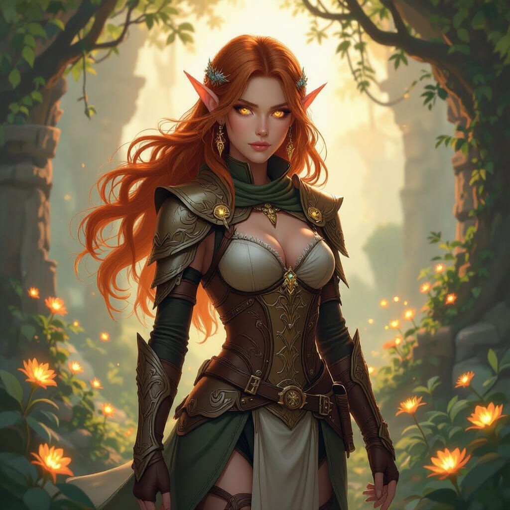 Elven Huntress in Hidden Grove, Fantasy Art Style