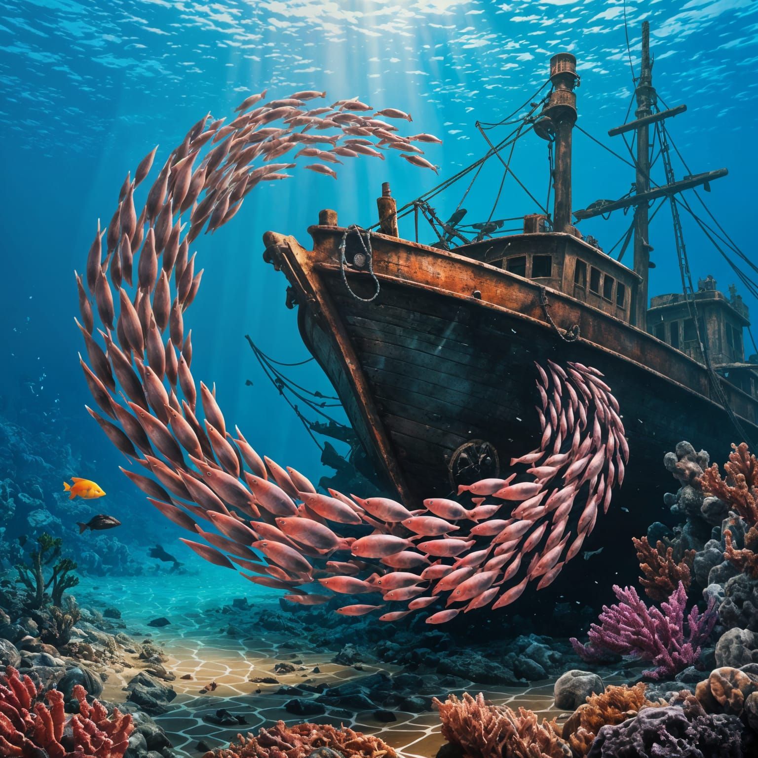 Vibrant Fish School Around Shipwreck in Fantasy Matte Painti...