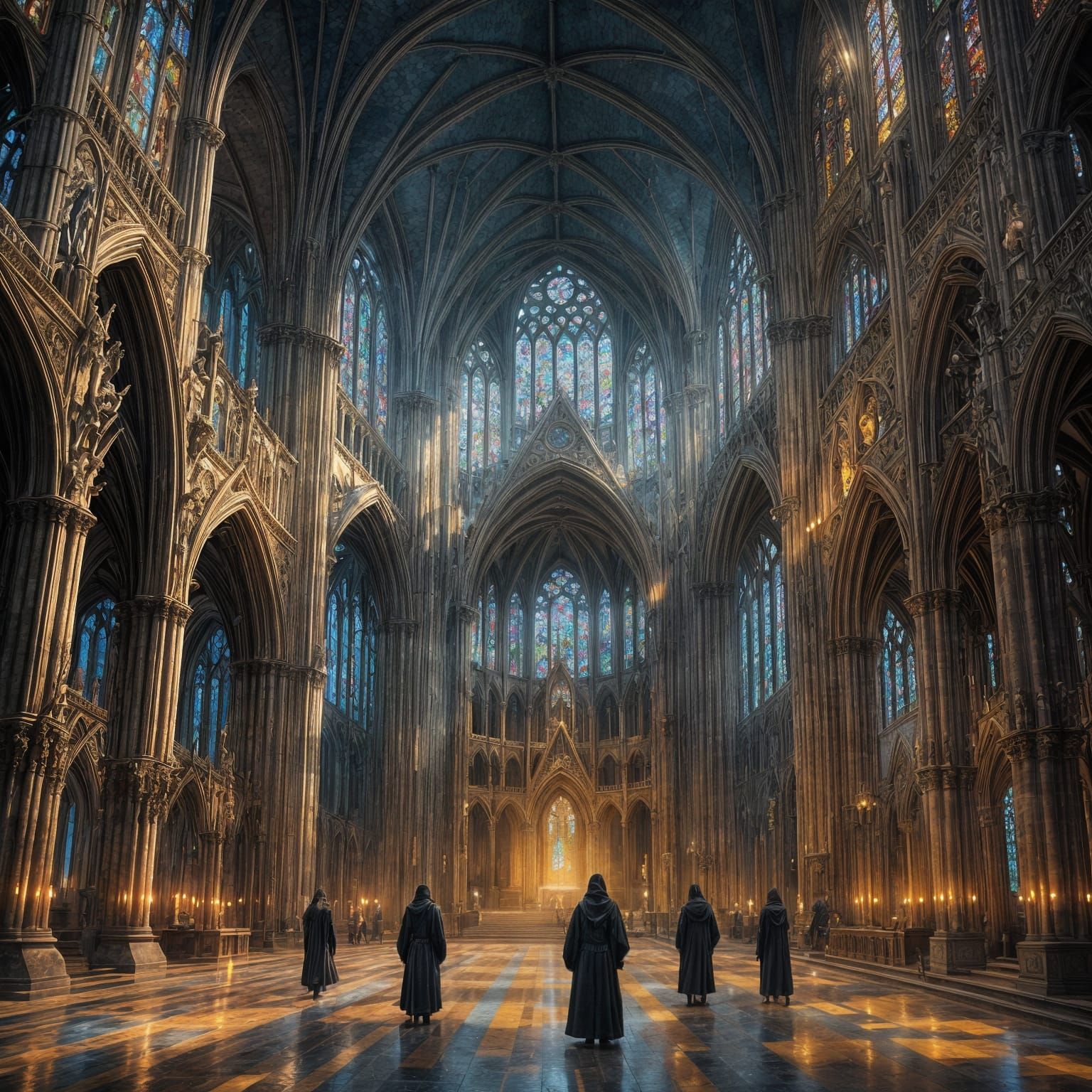 Detailed Gothic Cathedral Interior with Praying Figures