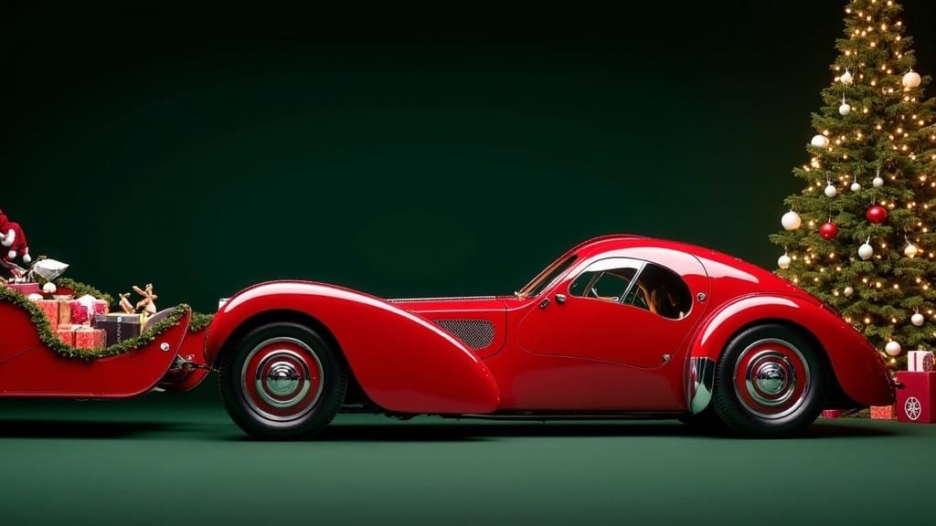 Bugatti Atlantic in Vibrant Red, Parked with Sleek Sleigh an...