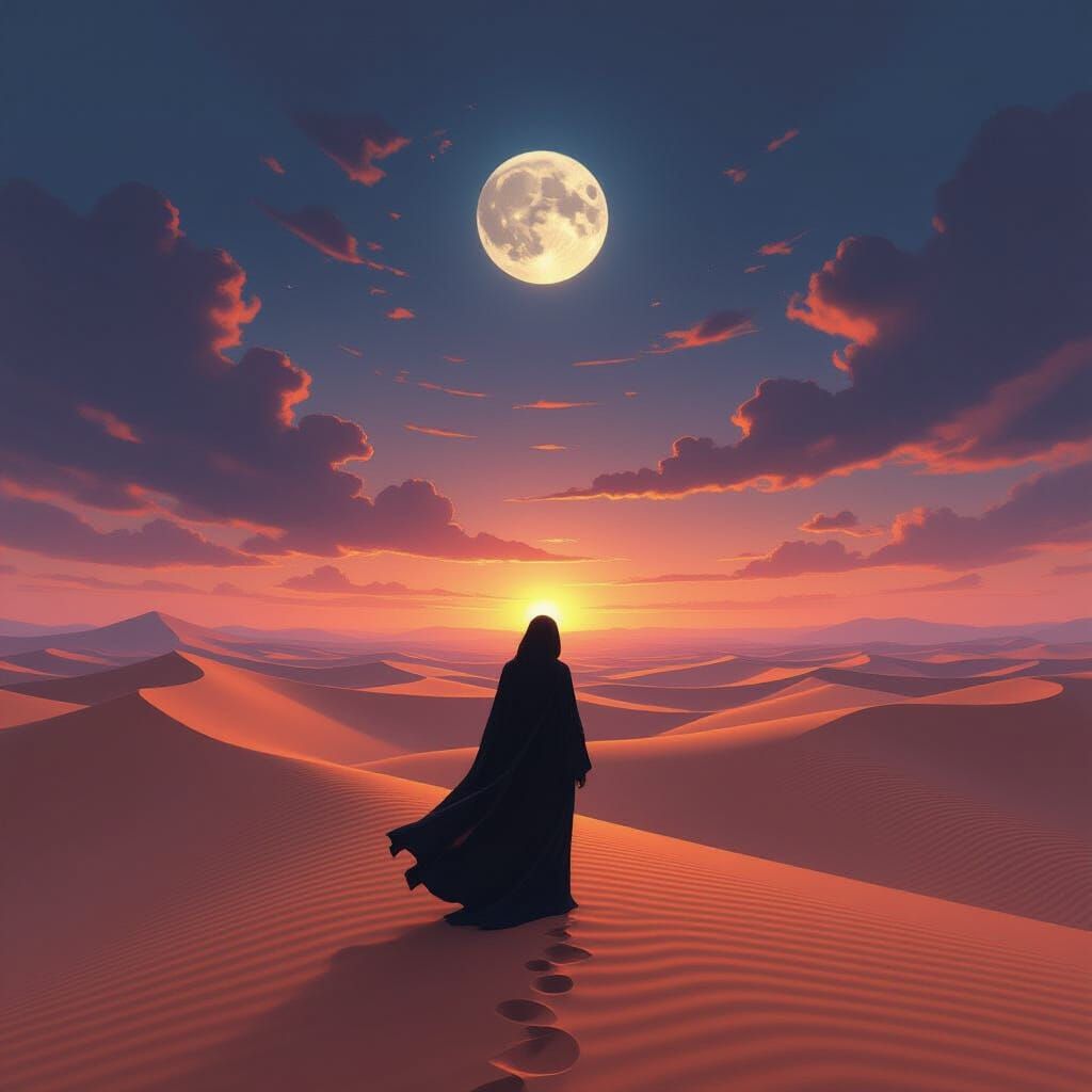 Solitary Figure in Twilight Desert Under Giant Moon