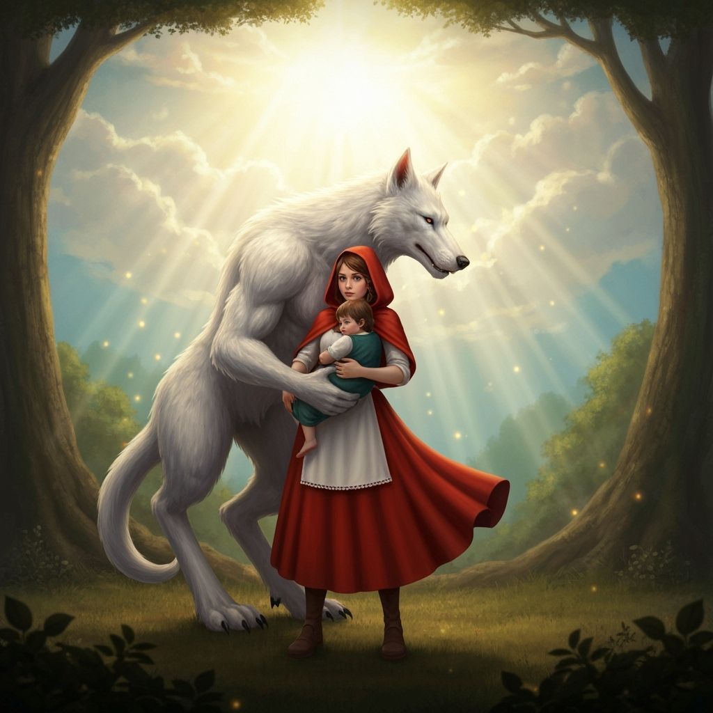 Red Riding Hood Embraced by Bipedal Werewolf in Forest