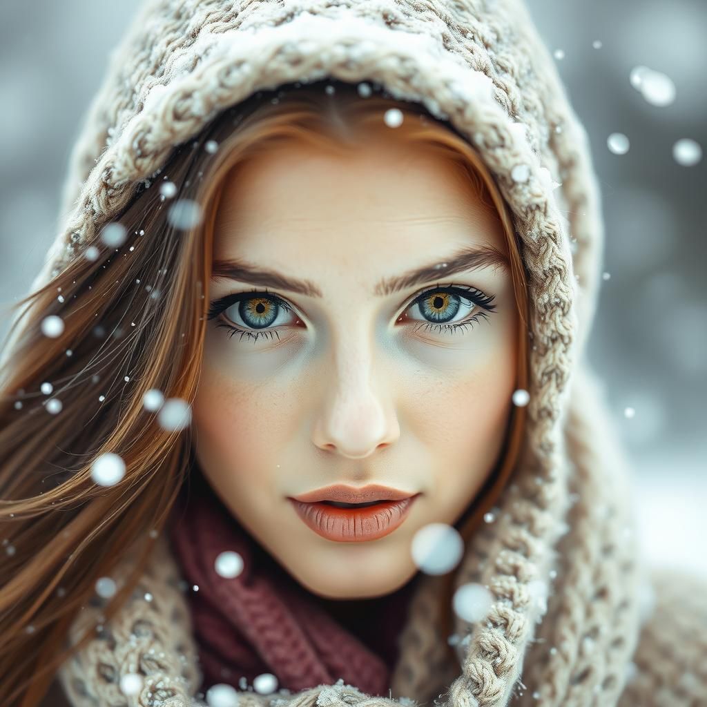 Dreamy Watercolor Portrait of Woman in Snow