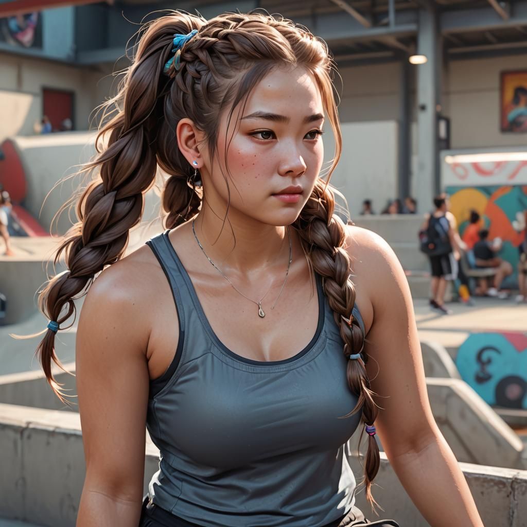 Korean Woman at Skate Park, Detailed Digital Portrait