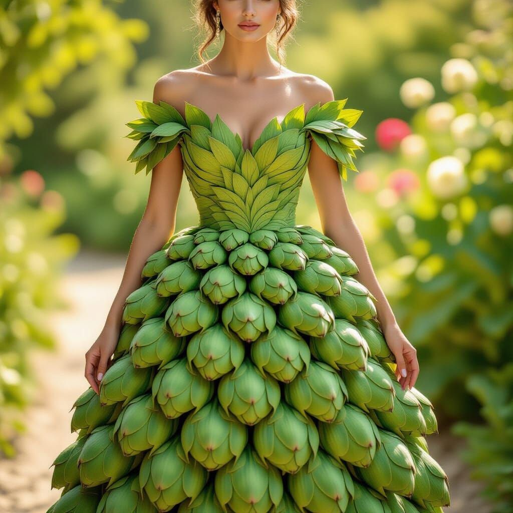 Woman in Artichoke Leaf Dress in Sunlit Garden