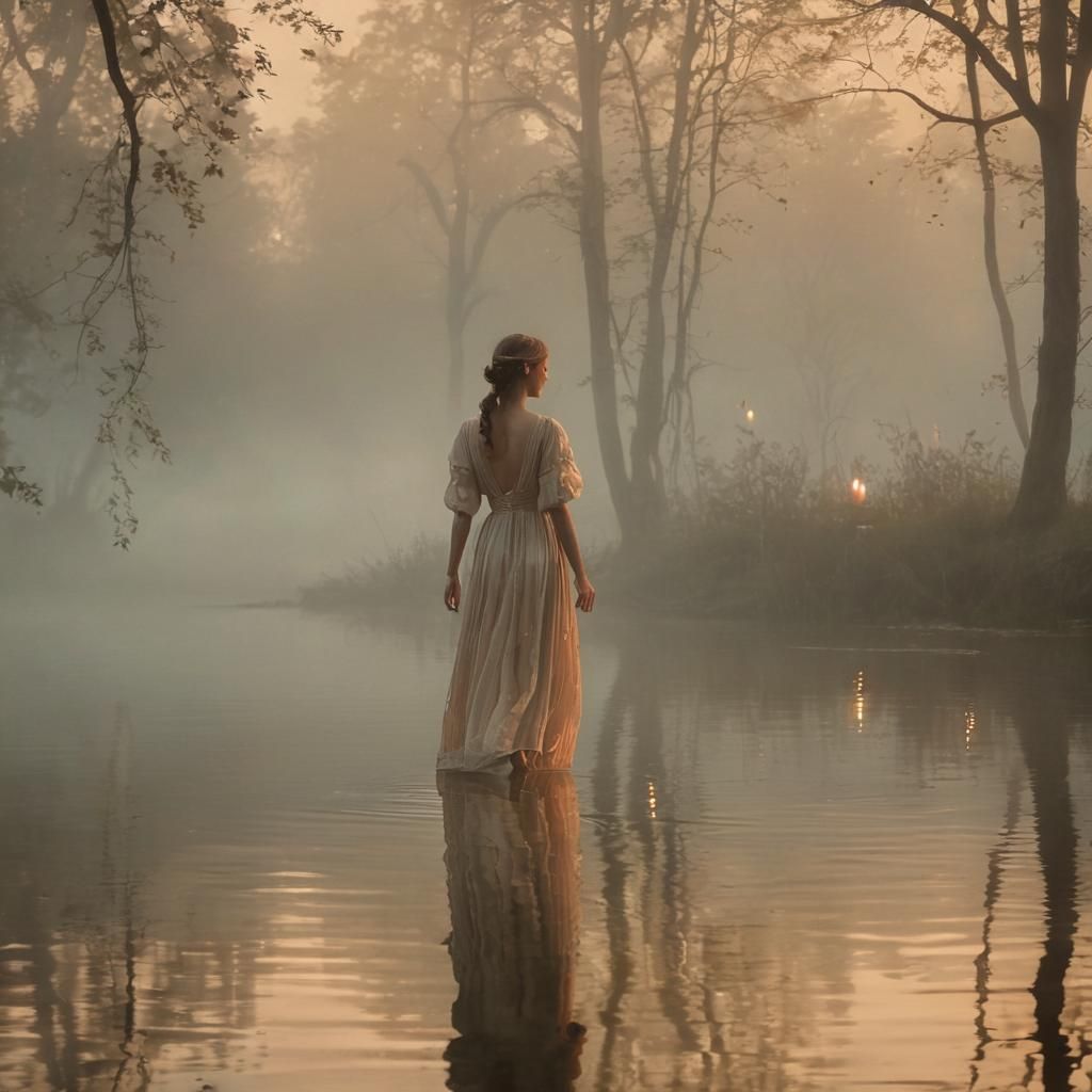 Impressionist Woman by Misty Lake at Sunset