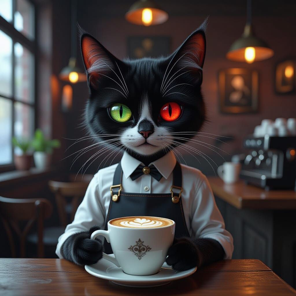 Vampire Cat Barista in Gothic Cafe, Hyperrealistic Portrait